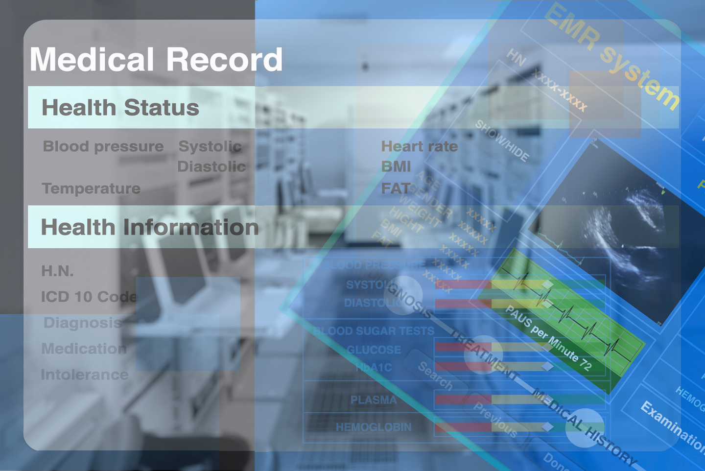 Background image of computer screen showing electronic medical records application with computer lab.